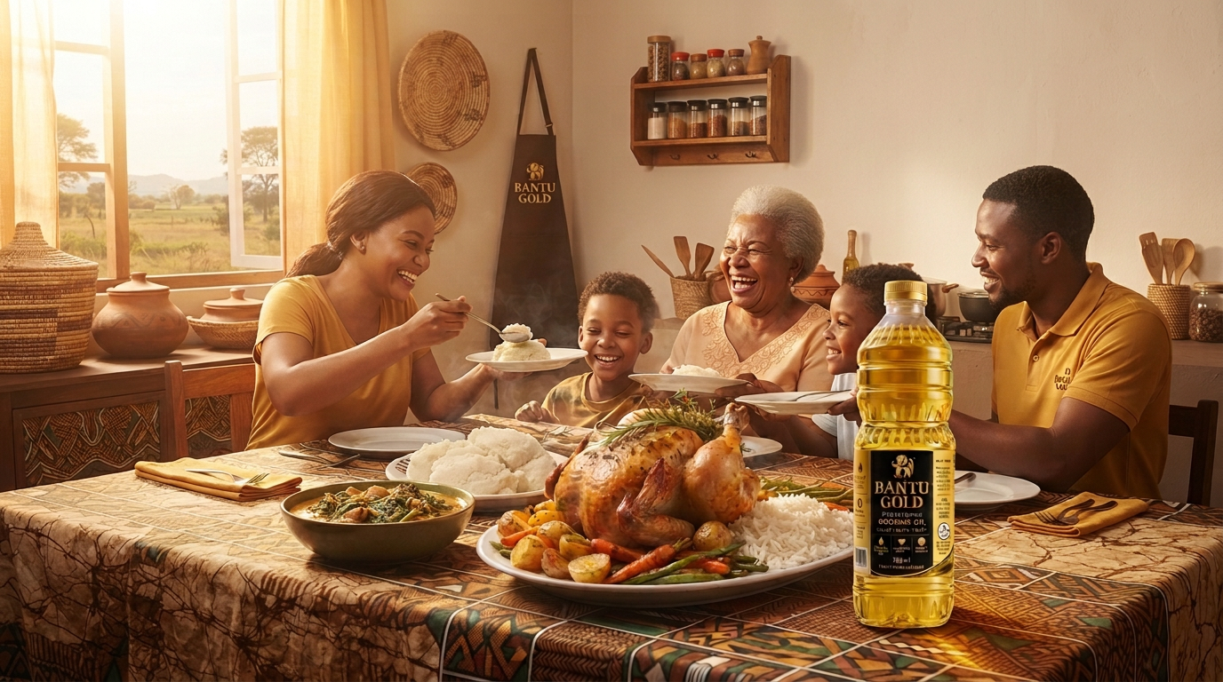 A Zambian family enjoying a meal prepared with Bantu Gold